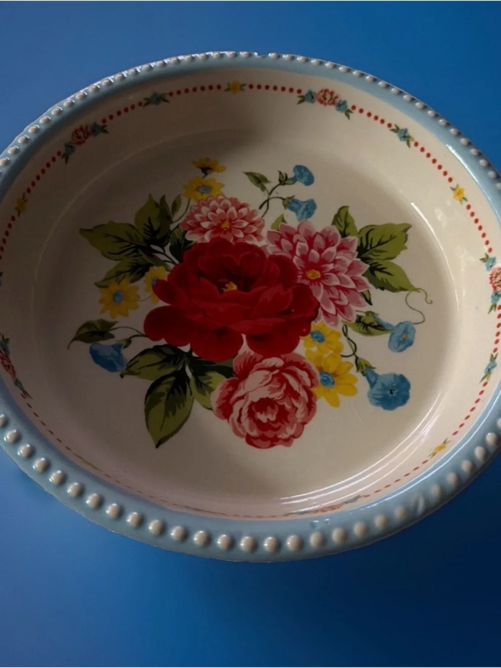 The Pioneer Woman pie plate 9.5” floral Ceramic in Cream and Light Blue